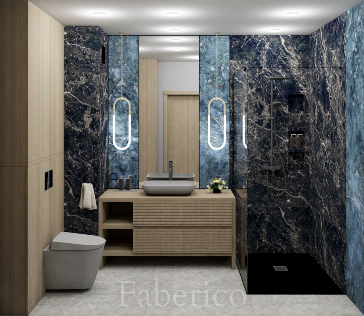 Wizualizacja nowoczesnej łazienki z marmurowymi ścianami, podwieszaną toaletą, drewnianą szafką pod umywalką i kabiną prysznicową typu walk-in z czarnym brodzikiem.