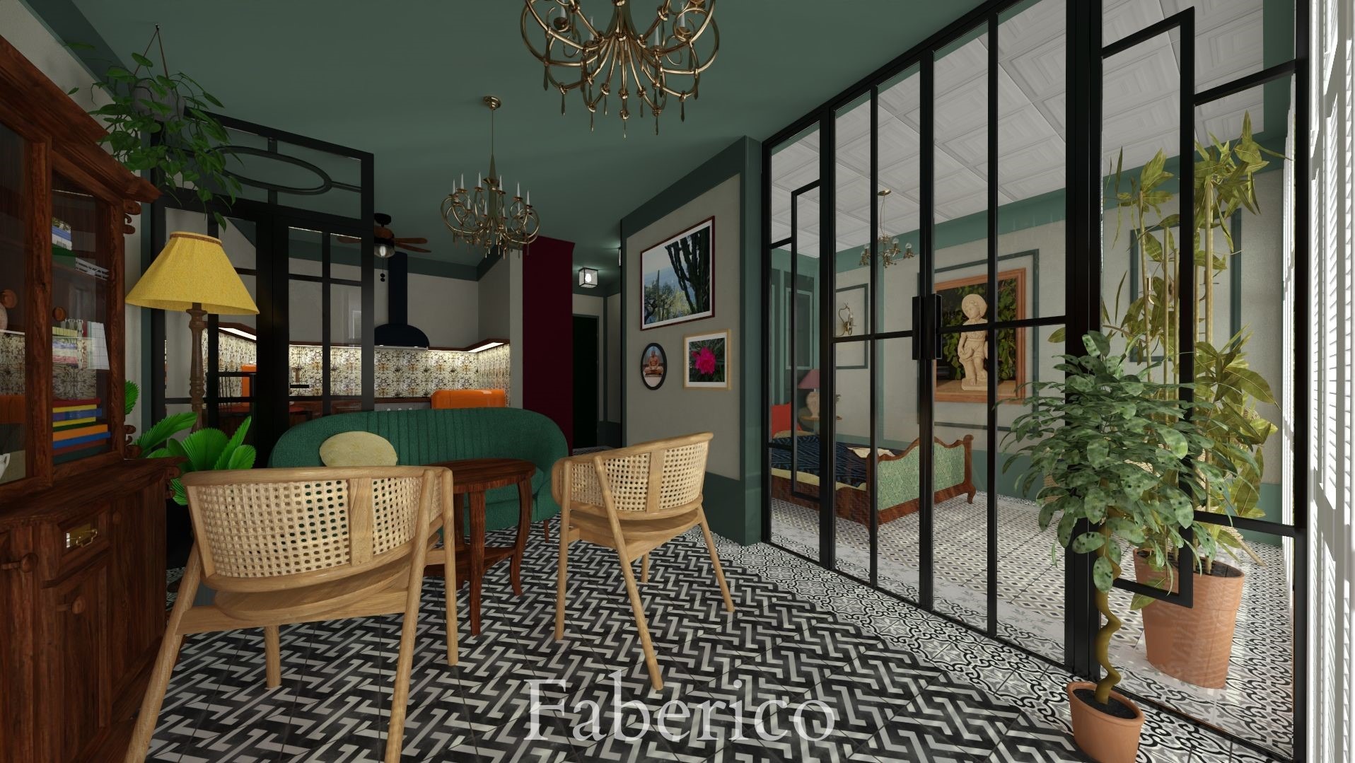 Wnętrze mieszkania z zielonymi ścianami, rattanowymi krzesłami, wzorzystą podłogą i widokiem na kuchnię oraz sypialnię oddzieloną szklanymi drzwiami.