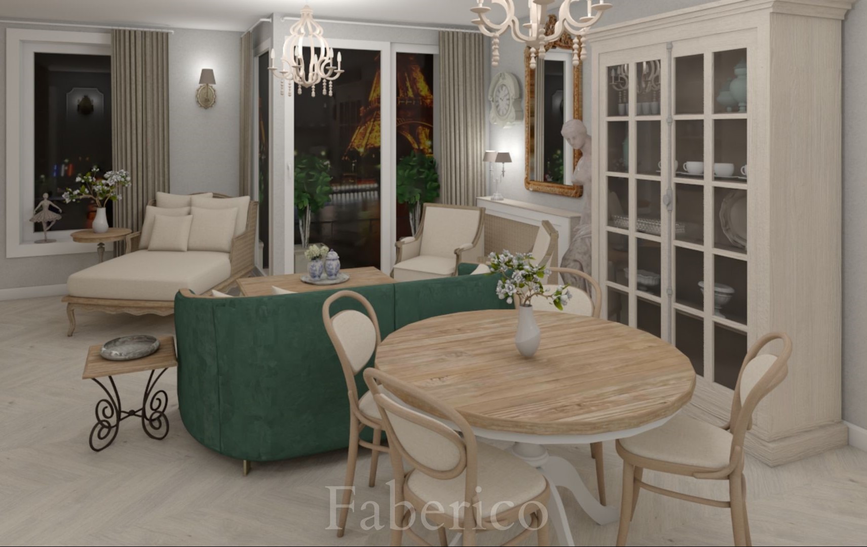 Wizualizacja salonu w stylu klasycznym z widokiem na Wieżę Eiffla, zielona sofa, okrągły drewniany stół z bukietem kwiatów, biała witryna z porcelaną.