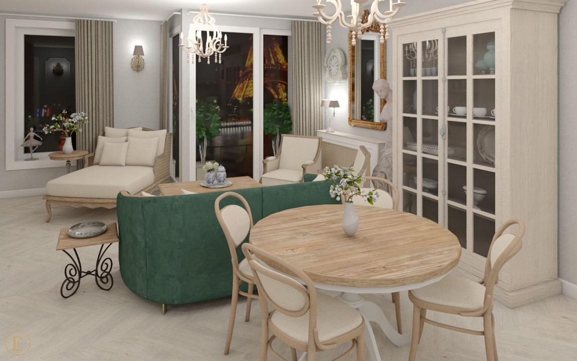 Elegancki salon w stylu paryskim: zielona sofa, okrągły stół z kwiatami, widok na wieżę Eiffla przez okno. Klasyczne meble i dekoracje tworzą przytulną atmosferę.