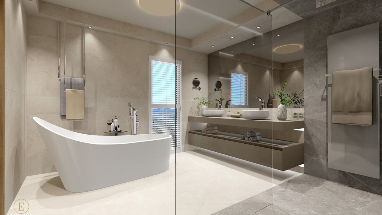 Elegancka łazienka z wolnostojącą wanną, podwójną umywalką na blacie i grzejnikiem drabinkowym. Stonowana kolorystyka, duże lustro i okno z żaluzjami.