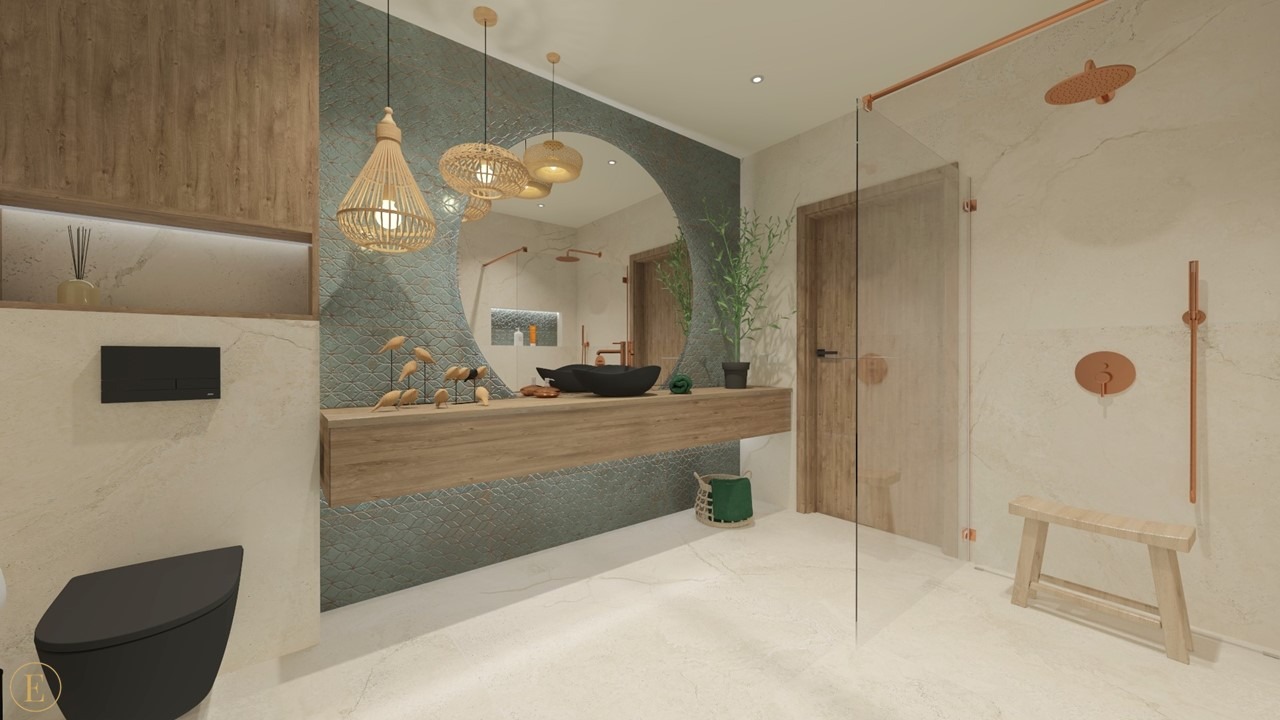 Nowoczesna łazienka z okrągłym lustrem, drewnianymi akcentami i zielonymi płytkami. Umywalka w kształcie misy, minimalistyczna toaleta i szklana kabina prysznicowa.