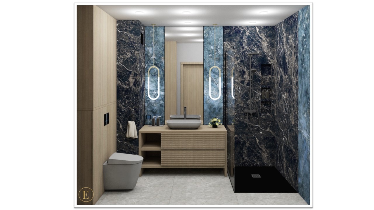 Elegancka łazienka z marmurowymi ścianami, drewnianymi szafkami i podświetlanymi lustrami. Nowoczesny design z kabiną prysznicową typu walk-in i umywalką nablatową.