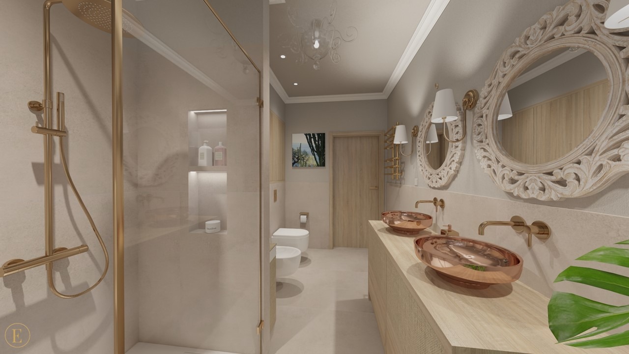 Elegancka łazienka w beżach z miedzianymi akcentami: owalne umywalki, dekoracyjne lustra i złota armatura. Kabina prysznicowa ze złotym wykończeniem.