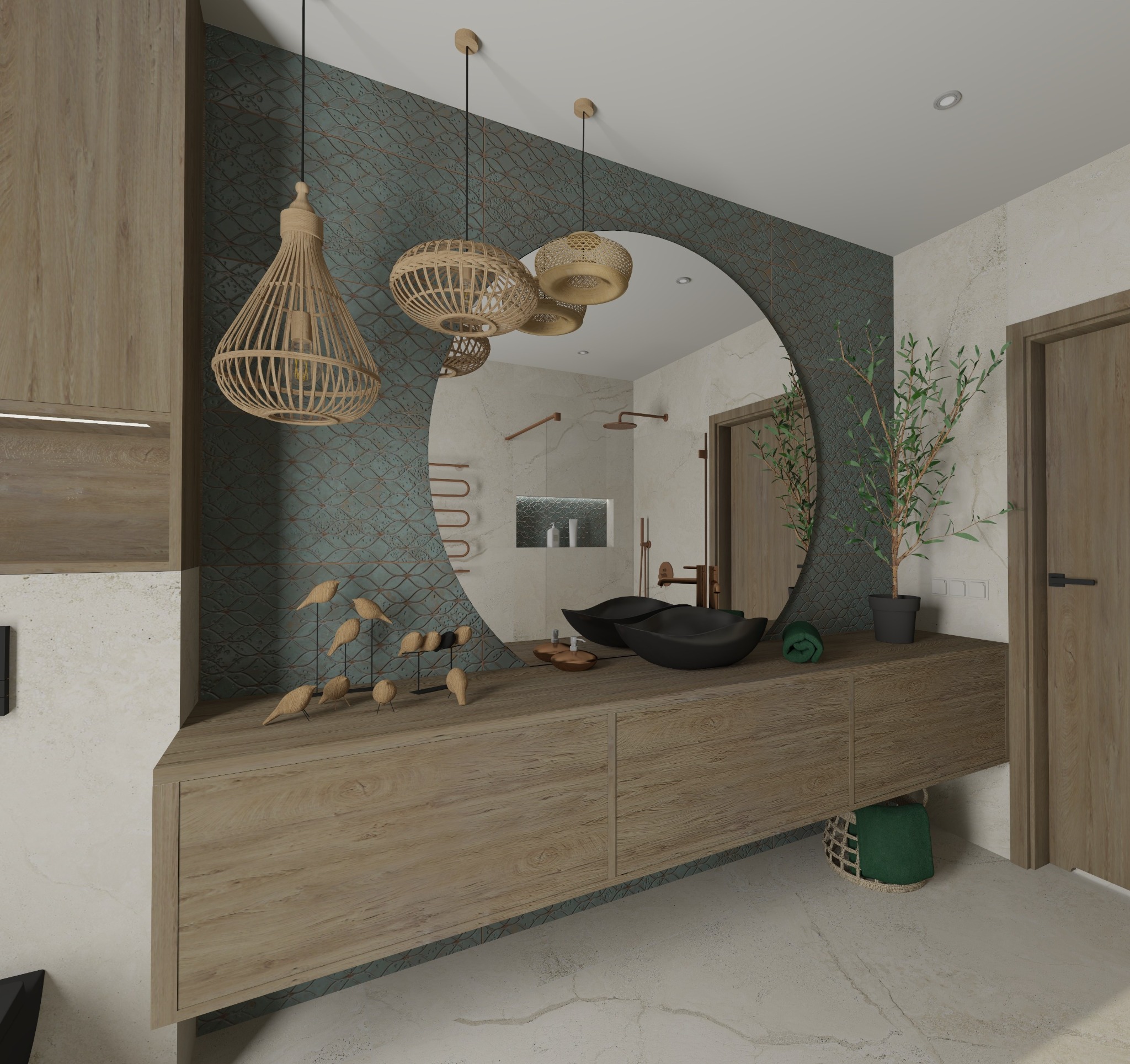 Nowoczesna łazienka z okrągłym lustrem, drewnianymi szafkami i dekoracyjnymi lampami wiszącymi. Umywalka w kształcie misy i zielona roślina dodają naturalnego akcentu.