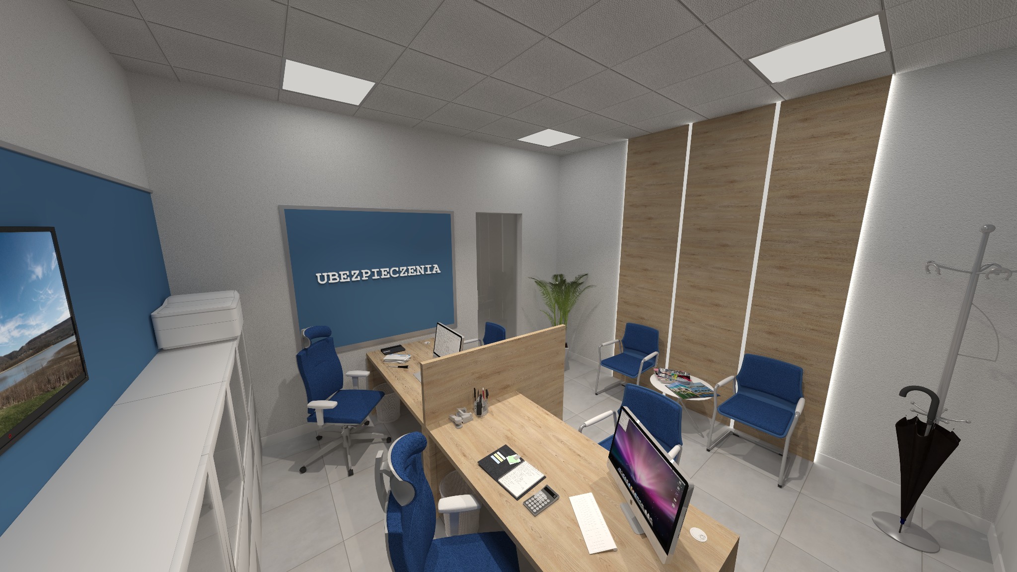 Wizualizacja biura ubezpieczeń: drewniane biurka z niebieskimi krzesłami, ściana z napisem 'Ubezpieczenia', minimalistyczny design, roślina doniczkowa, wieszak na ubrania.