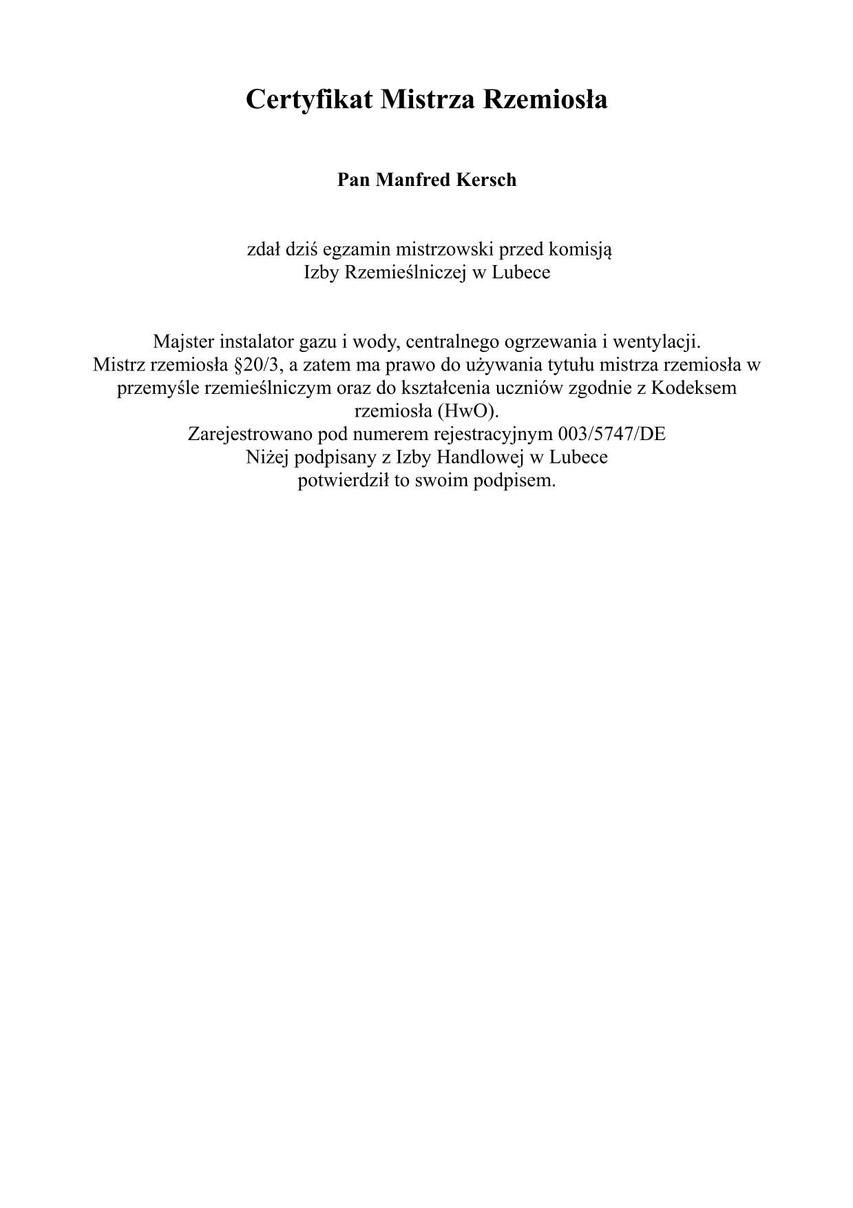 Skan certyfikatu mistrza rzemiosła dla instalatora gazu, wody, centralnego ogrzewania i wentylacji, wydany przez Izbę Rzemieślniczą w Lubece.