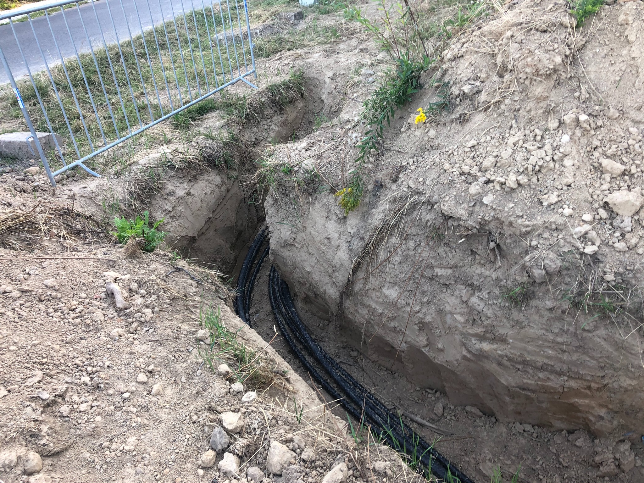 Wykop z ułożonymi czarnymi rurami w ziemi, widoczne ściany wykopu z roślinnością i fragment metalowego ogrodzenia w tle.