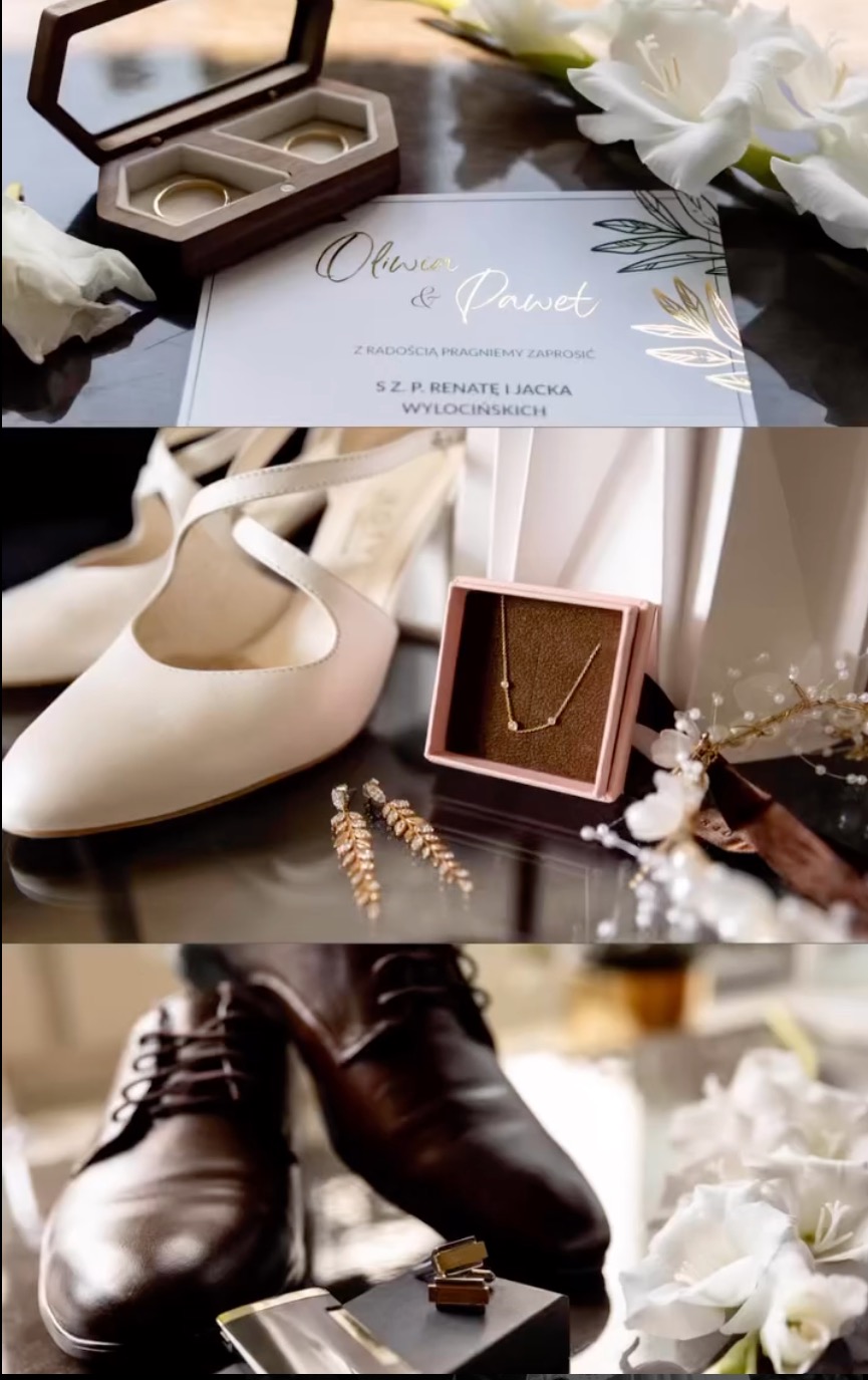 Kompozycja ślubna z zaproszeniem z imionami Oliwia i Paweł, drewnianym pudełkiem z obrączkami, damskimi butami, kolczykami, naszyjnikiem i męskimi butami ze spinkami do mankietów.