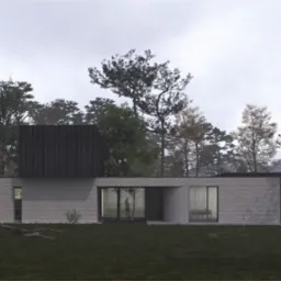 Nowoczesny dom jednorodzinny z elewacją z cegły i drewnianą nadbudową, otoczony lasem w mglisty dzień, z widocznym samochodem w tle.