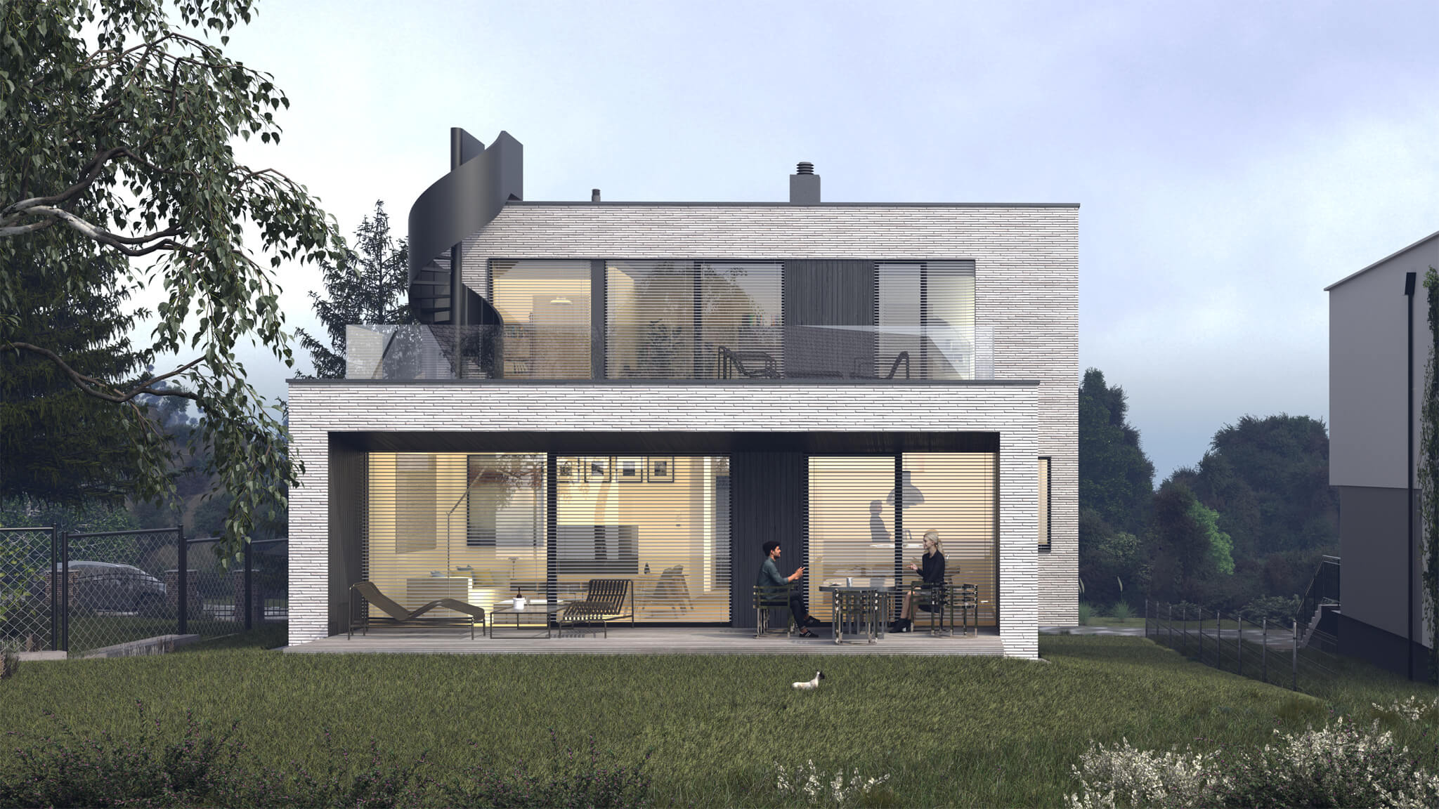 Wizualizacja nowoczesnego, dwukondygnacyjnego domu z elewacją z jasnej cegły, z dużymi oknami i zewnętrznymi żaluzjami, z spiralnymi schodami na dachu, z parą osób siedzącą przy stole na tarasie...