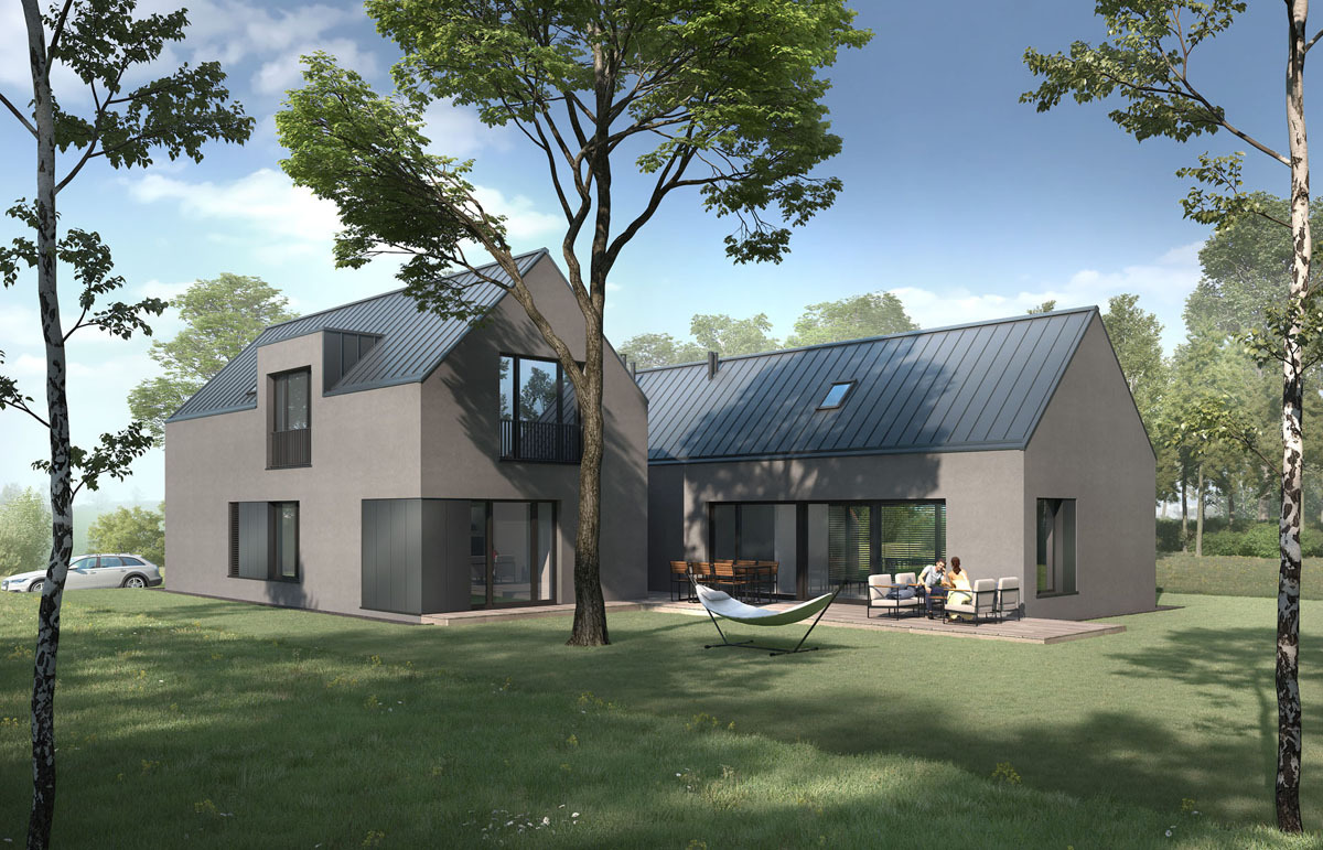 Wizualizacja dwóch nowoczesnych domów jednorodzinnych z szarą elewacją i grafitowym dachem, otoczonych zielonym trawnikiem, z drzewami w tle i relaksującymi się osobami na tarasie.