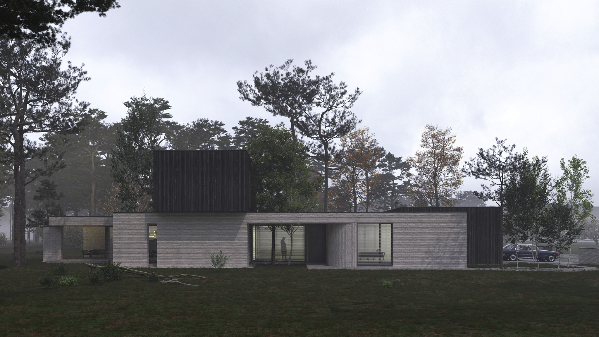 Nowoczesny dom jednorodzinny z elewacją z cegły i drewnianą nadbudową, otoczony lasem w mglisty dzień, z widocznym samochodem w tle.