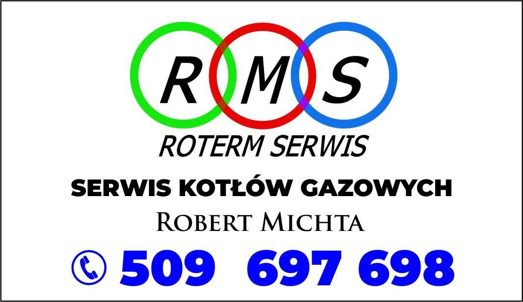 Logo firmy ROTERM SERWIS z numerem telefonu, specjalizującej się w serwisie kotłów gazowych, z trzema przeplatającymi się okręgami w kolorach zielonym, czerwonym i niebieskim.