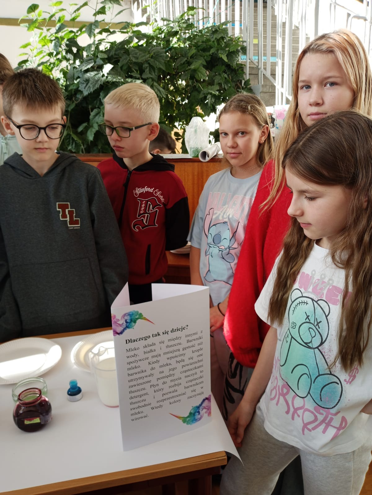 Grupa dzieci obserwuje eksperyment z mlekiem i barwnikami spożywczymi, z ulotką wyjaśniającą proces. Widoczne naczynia, barwniki i tekst ulotki.