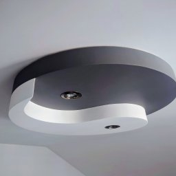 KUZ-BUD - Oryginalna, okrągła zabudowa sufitowa z gipsu w kształcie Yin Yang, pomalowana na biało i szaro, z dwoma punktami świetlnymi. Nowoczesny design.