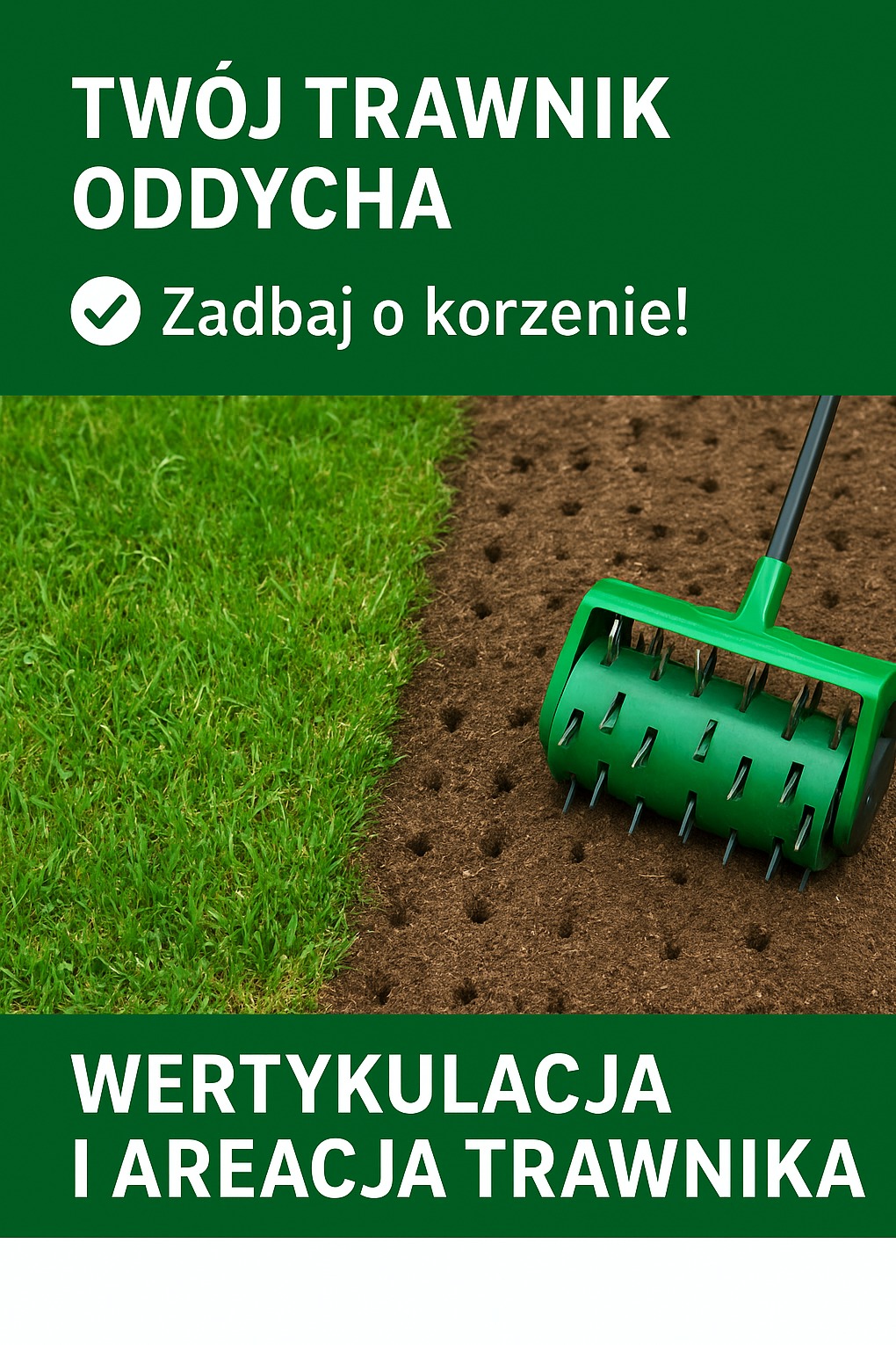 Aerator do trawnika w trakcie pracy, widoczny efekt aeracji gleby obok zdrowej, zielonej trawy. Napis: Twój trawnik oddycha, wertykulacja i areacja trawnika.