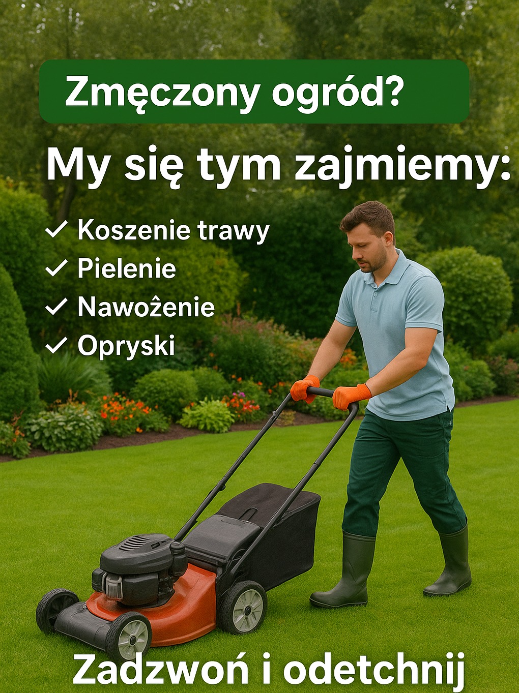 Mężczyzna kosi trawę pomarańczową kosiarką na tle zielonego ogrodu z tekstem reklamowym. Oferta usług: koszenie, pielenie, nawożenie i opryski. Zadzwoń i odetchnij.