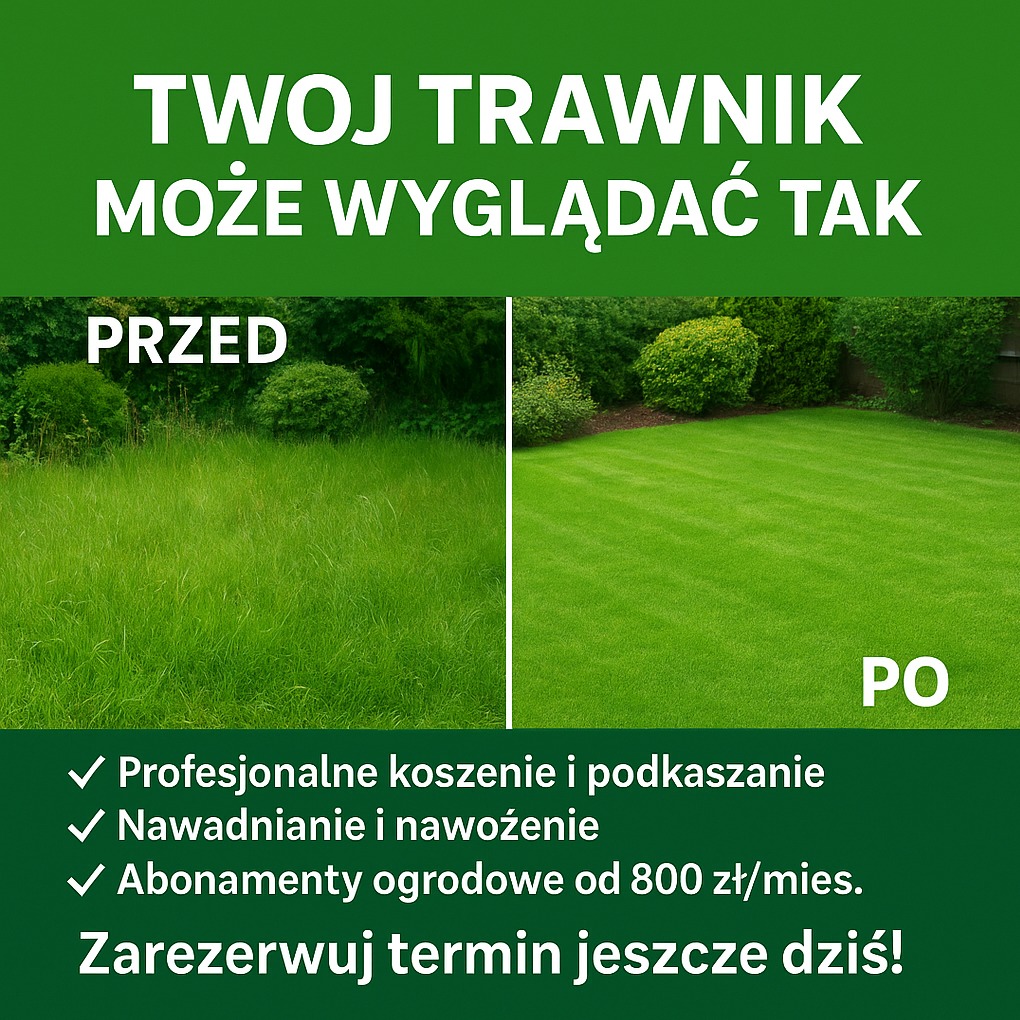 Porównanie trawnika przed i po koszeniu: zarośnięta trawa po lewej, krótko przystrzyżona po prawej. Oferta na koszenie, nawadnianie i abonamenty ogrodowe.
