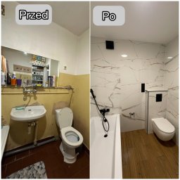 Wyremontujemy123 - Remont łazienki: porównanie 'przed' z żółtymi ścianami i 'po' z białymi płytkami imitującymi marmur i drewnopodobną podłogą. Nowa armatura i sanitariaty.
