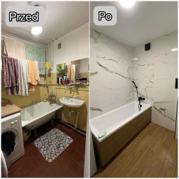Wyremontujemy123 - Zdjęcie łazienki przed i po remoncie. Po lewej stara łazienka z pralką i suszarką, po prawej odnowiona z nową armaturą i białymi płytkami imitującymi marmur.