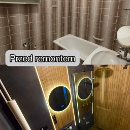 Wyremontujemy123 - Porównanie łazienki przed i po remoncie. Górna część zdjęcia pokazuje starą łazienkę z brązowymi płytkami, dolna część prezentuje nowoczesny design z oświetleniem LED.