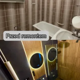 Porównanie łazienki przed i po remoncie. Górna część zdjęcia pokazuje starą łazienkę z brązowymi płytkami, dolna część prezentuje nowoczesny design z oświetleniem LED.
