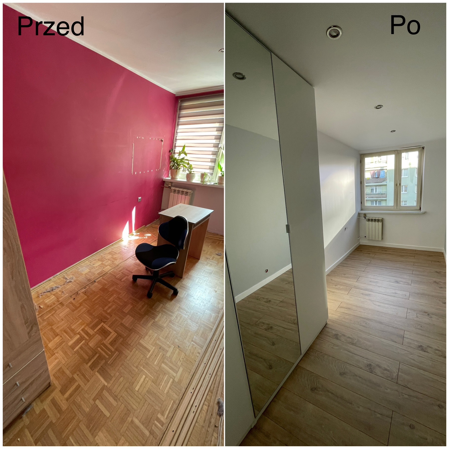 Pokój przed i po remoncie: ściana różowa, stara podłoga, biurko i krzesło. Po remoncie: białe ściany, panele podłogowe, szafa z lustrem, okno.