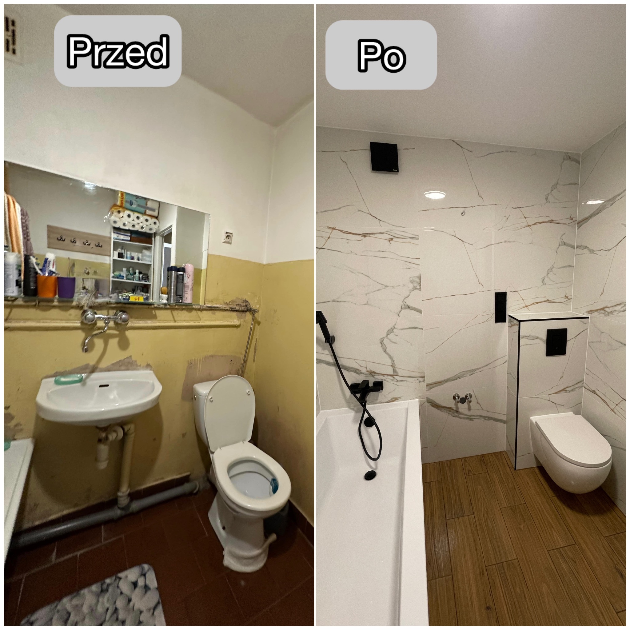 Remont łazienki: porównanie 'przed' z żółtymi ścianami i 'po' z białymi płytkami imitującymi marmur i drewnopodobną podłogą. Nowa armatura i sanitariaty.