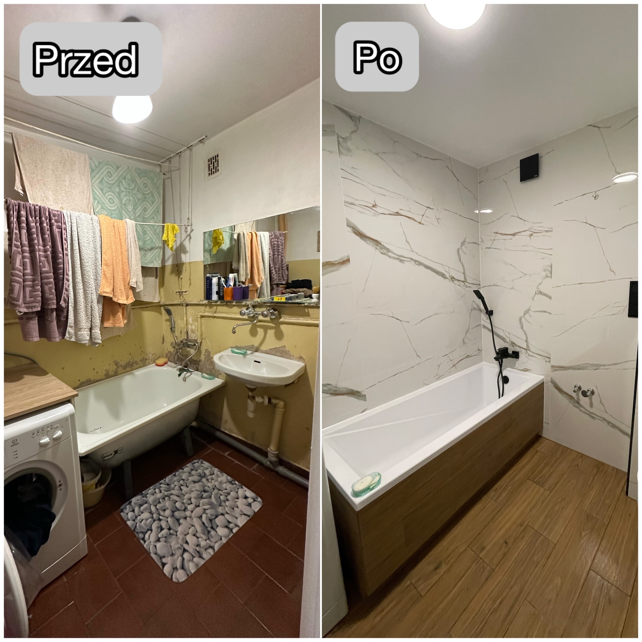 Zdjęcie łazienki przed i po remoncie. Po lewej stara łazienka z pralką i suszarką, po prawej odnowiona z nową armaturą i białymi płytkami imitującymi marmur.