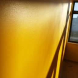 GROTBUDMS SPÓŁKA Z OGRANICZONĄ ODPOWIEDZIALNOŚCIĄ - Ściana pomalowana na intensywny żółty kolor, oświetlona popołudniowym słońcem, z wyraźnym cieniem ramy okiennej, widoczne okno i fragment grzejnika w tle.