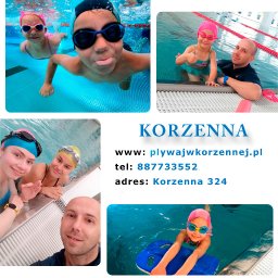 Akademia Pływania Champion - Korzenna - Kolaż zdjęć z zajęć na basenie: dzieci w czepkach i okularach pływackich, instruktorzy z dziećmi oraz dane kontaktowe do szkoły pływania Korzenna.
