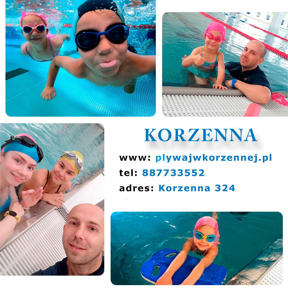 Kolaż zdjęć z zajęć na basenie: dzieci w czepkach i okularach pływackich, instruktorzy z dziećmi oraz dane kontaktowe do szkoły pływania Korzenna.