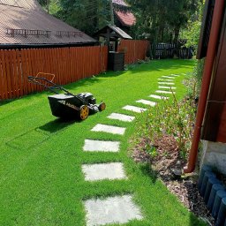 DANJUS Daniel Młynarczyk - Kosiarka spalinowa McCulloch z żółtymi kołami na świeżo skoszonej, intensywnie zielonej trawie w ogrodzie, widoczna ścieżka z kamiennych płyt, drewniany płot i studnia w tle.