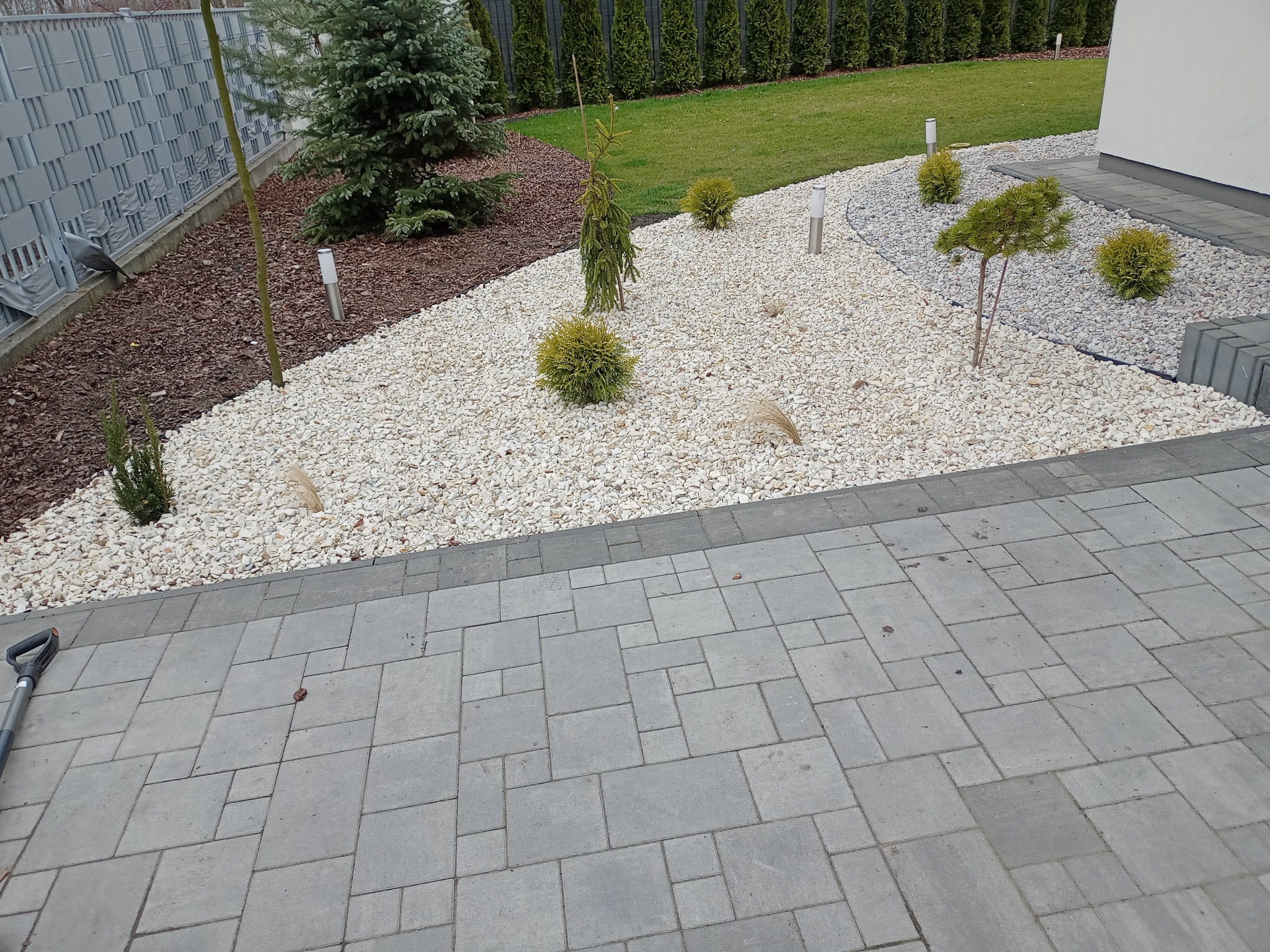 Ogród z białymi kamieniami, ozdobnymi krzewami i drzewami iglastymi, widok na trawnik i szpaler tuj, szara kostka brukowa oraz częściowo widoczna szpadel.