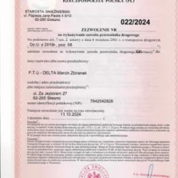 Skan dokumentu: Zezwolenie Starosty Gnieźnieńskiego na wykonywanie zawodu przewoźnika drogowego dla firmy F.T.U - DELTA Marcin Zbiranek, wydane 11.10.2024, z pieczęcią urzędową i podpisem.