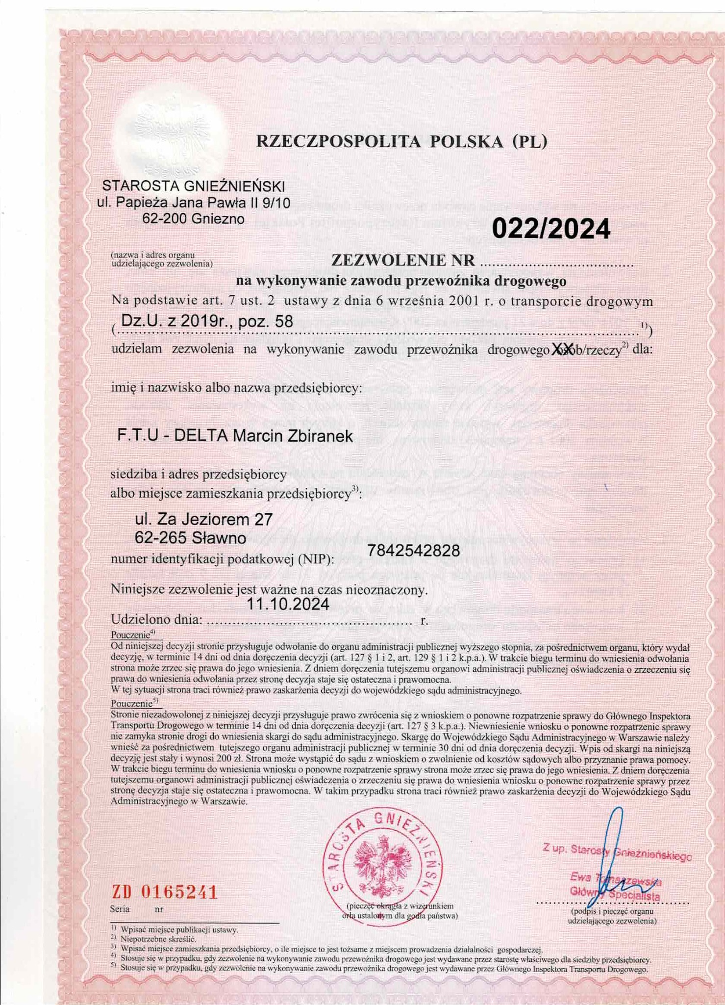 Skan dokumentu: Zezwolenie Starosty Gnieźnieńskiego na wykonywanie zawodu przewoźnika drogowego dla firmy F.T.U - DELTA Marcin Zbiranek, wydane 11.10.2024, z pieczęcią urzędową i podpisem.