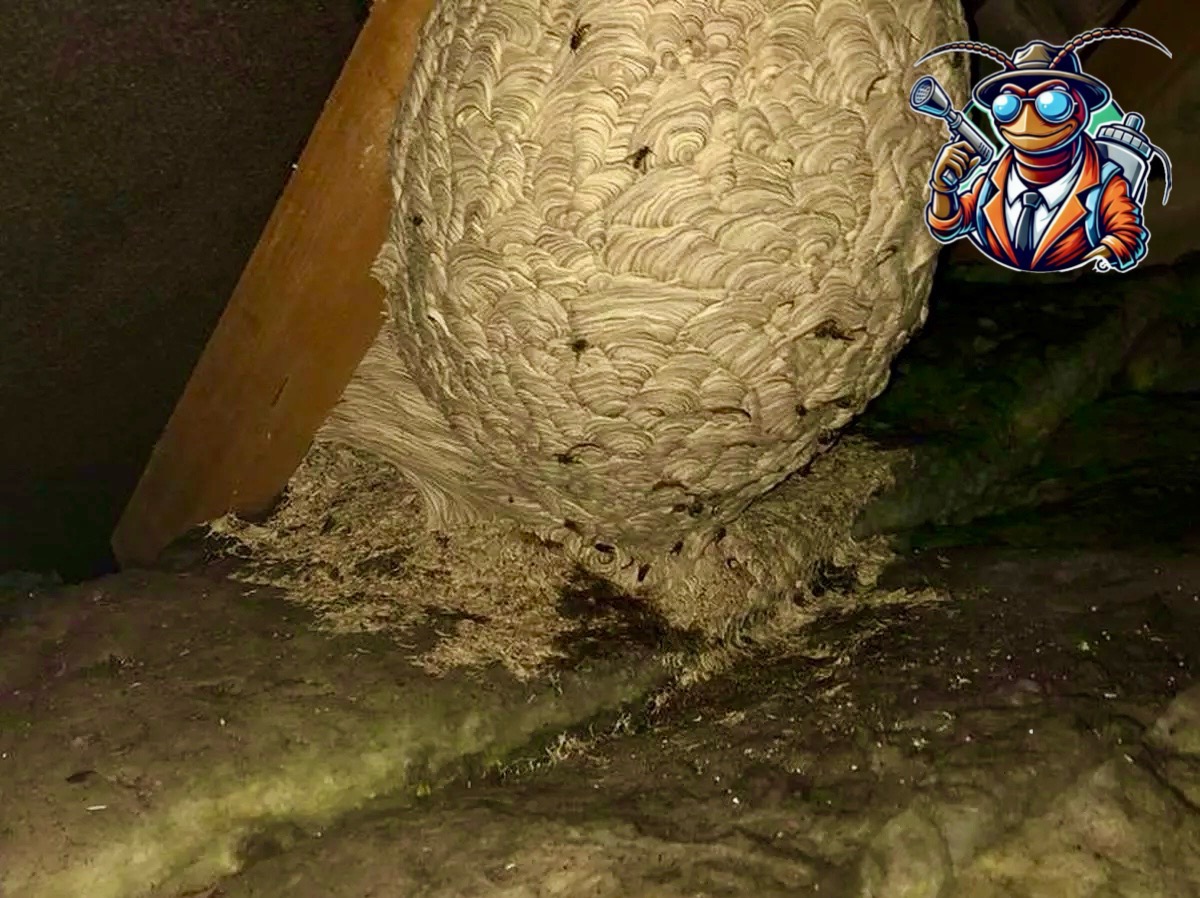 Gniazdo os w rogu poddasza, z widocznym drewnianym elementem konstrukcyjnym i naklejonym logo firmy zajmującej się dezynsekcją.