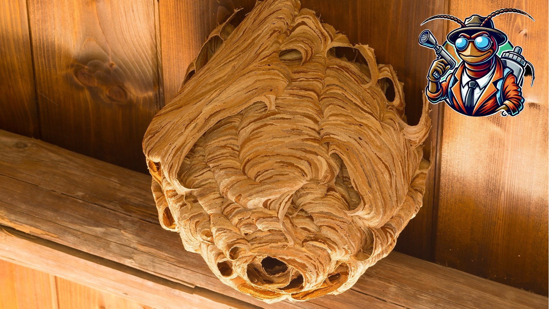 Gniazdo os zawieszone pod drewnianym stropem, obok grafika stylizowana na detektywa-owada z opryskiwaczem.