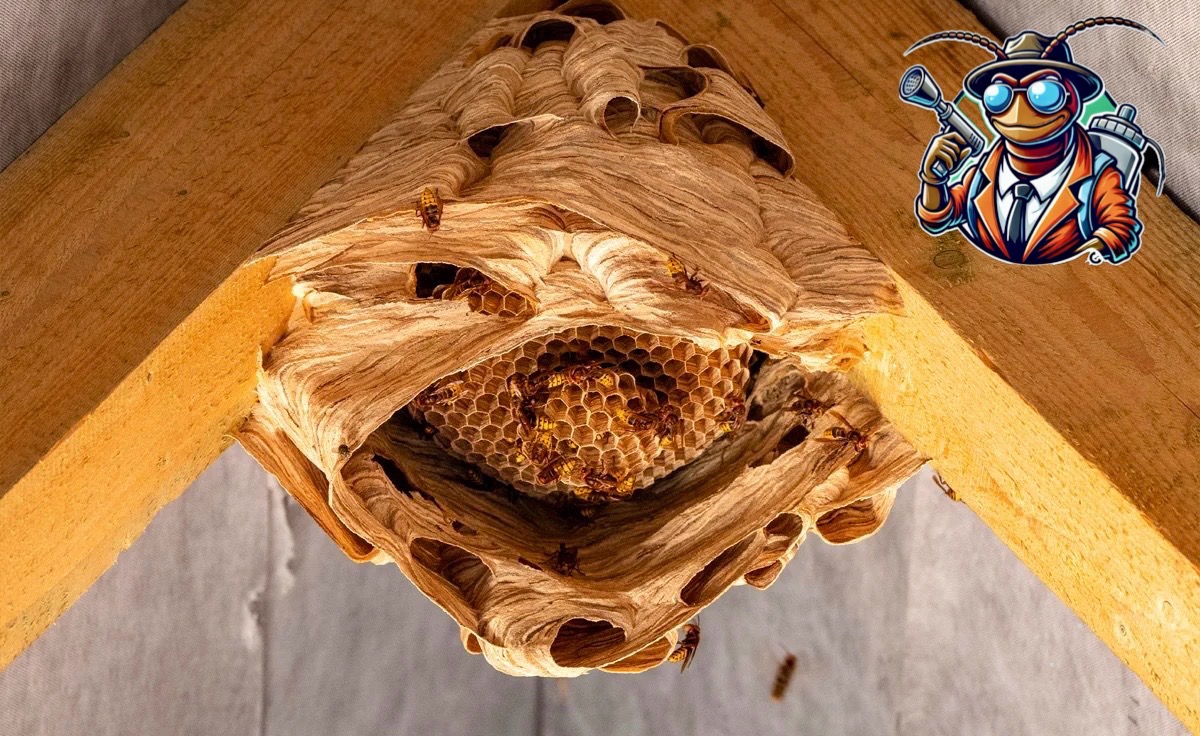 Gniazdo os w rogu drewnianej konstrukcji dachu, widoczne plastry miodu i owady, obok naklejka z logo firmy z postacią owada w garniturze.