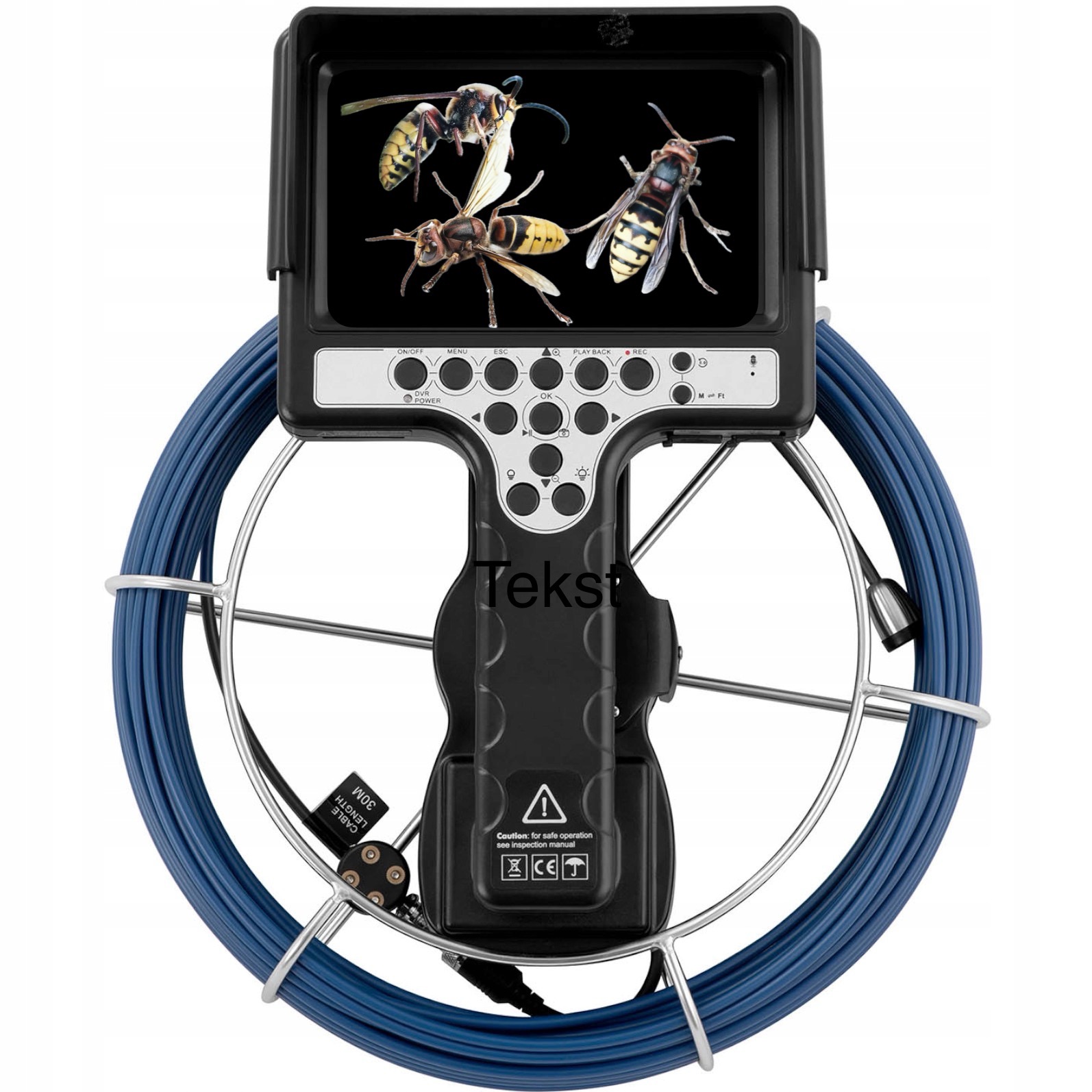 Kamera inspekcyjna z ekranem pokazującym gniazdo os, umieszczona na metalowym stojaku z niebieskim przewodem.