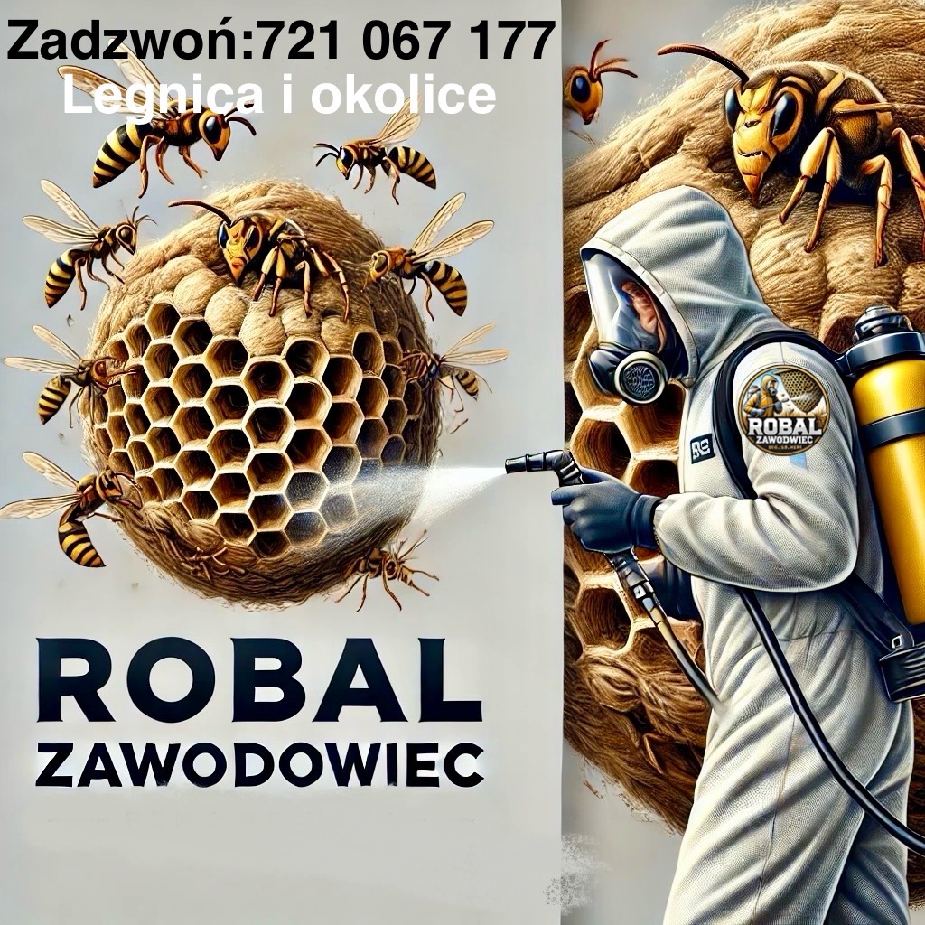 Osoba w kombinezonie ochronnym spryskuje gniazdo os, widoczne osy i numer telefonu kontaktowego.