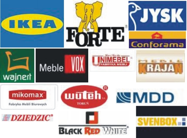 Zbiór logo producentów mebli, w tym IKEA, Forte, Jysk, Conforama, Wajnert, Vox, Inimelabel, Krajan, Mikomax, Wuteh, MDD, Dziedzic, Black Red White i Svenbox.