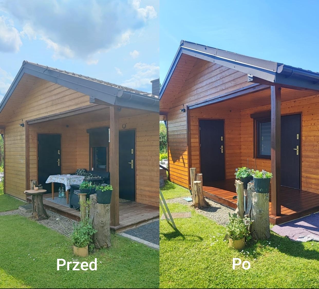 Zdjęcie 'przed i po' prezentujące odnowioną drewnianą elewację domku letniskowego z ciemnymi drzwiami i elementami wykończeniowymi w słoneczny dzień.