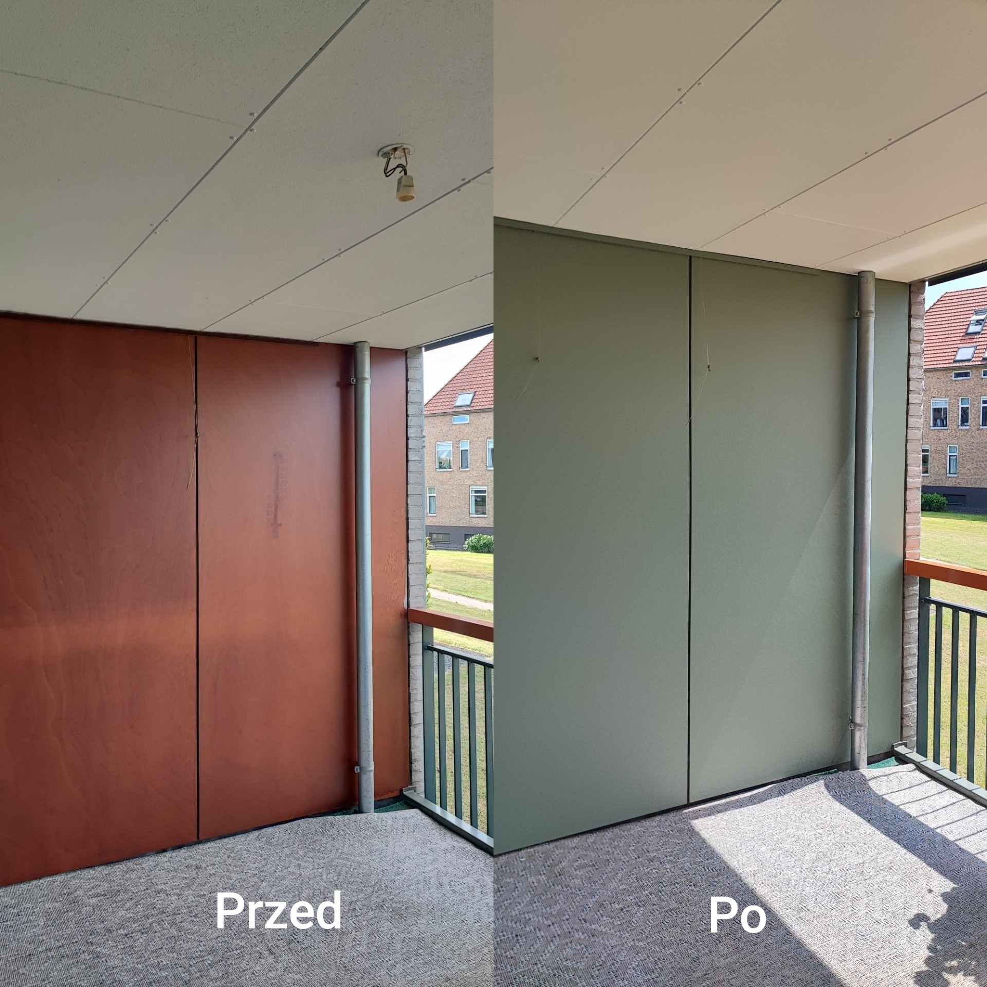 Balkon przed i po renowacji: odcienie brązu ustąpiły miejsca stonowanej zieleni. Widoczne panele ścienne, balustrada i fragment budynku w tle.