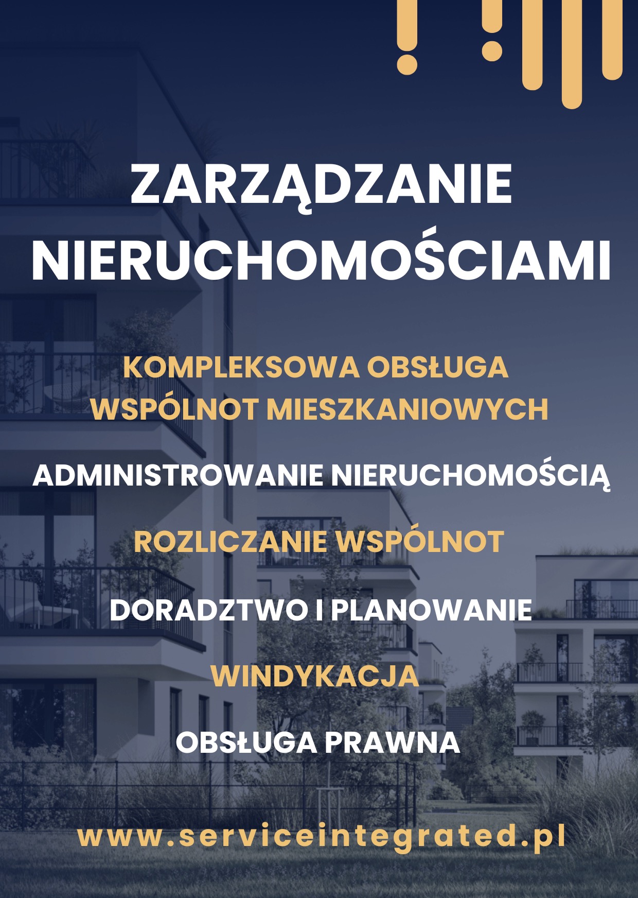 Grafika z nowoczesnym budynkiem w tle i napisem 'Zarządzanie nieruchomościami'. Oferta kompleksowej obsługi wspólnot mieszkaniowych, doradztwa i obsługi prawnej.