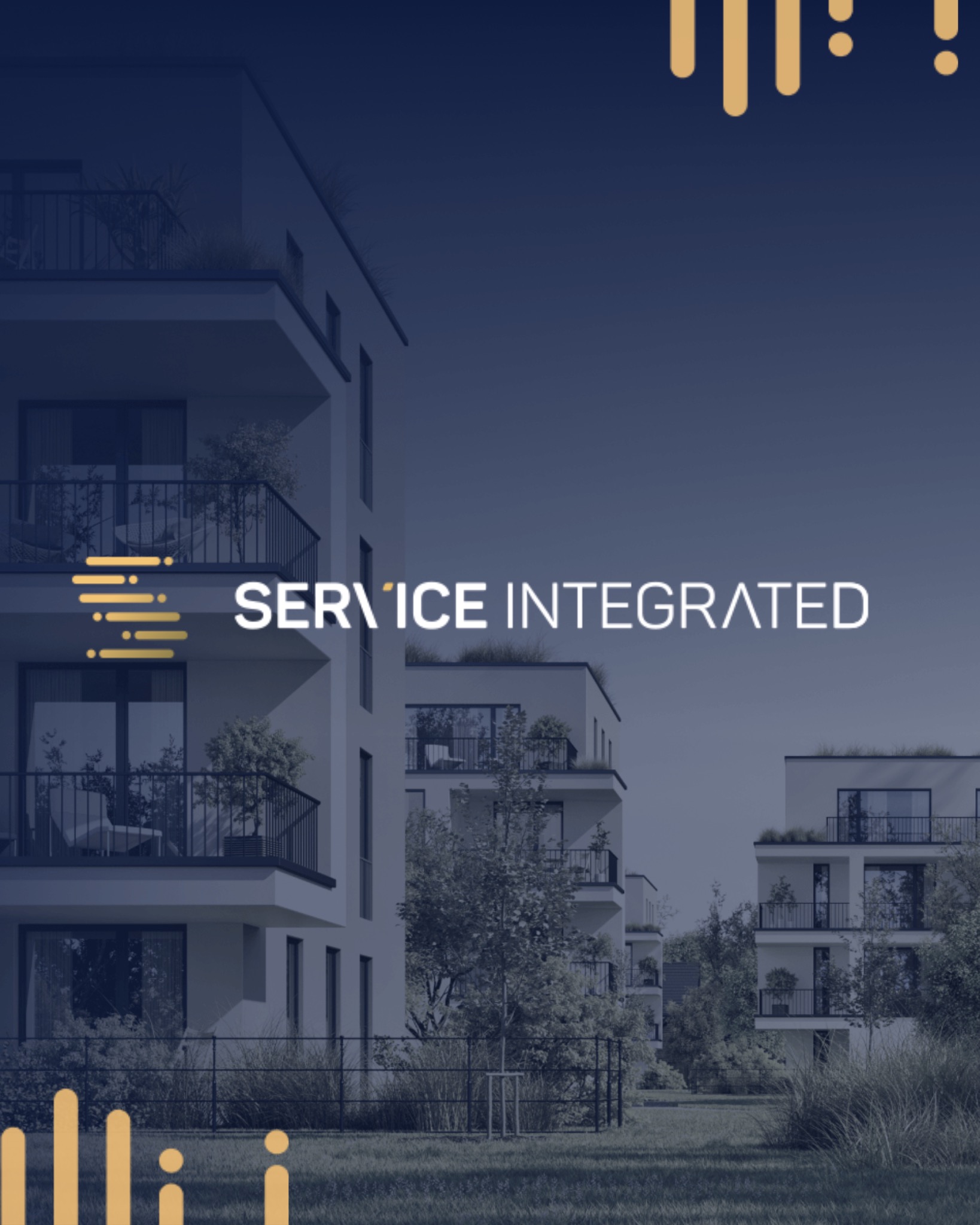 Grafika z nowoczesnymi budynkami apartamentowymi, zieleń na balkonach i trawnik przed budynkami. Logo 'Service Integrated' nałożone na budynki.