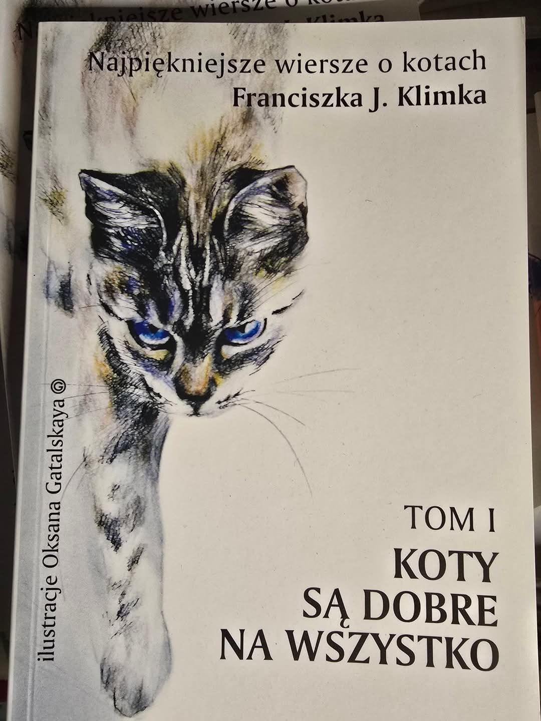 Okładka książki 'Najpiękniejsze wiersze o kotach Franciszka J. Klimka', tom I, z ilustracją kota w stylu szkicu ołówkiem i niebieskimi oczami.