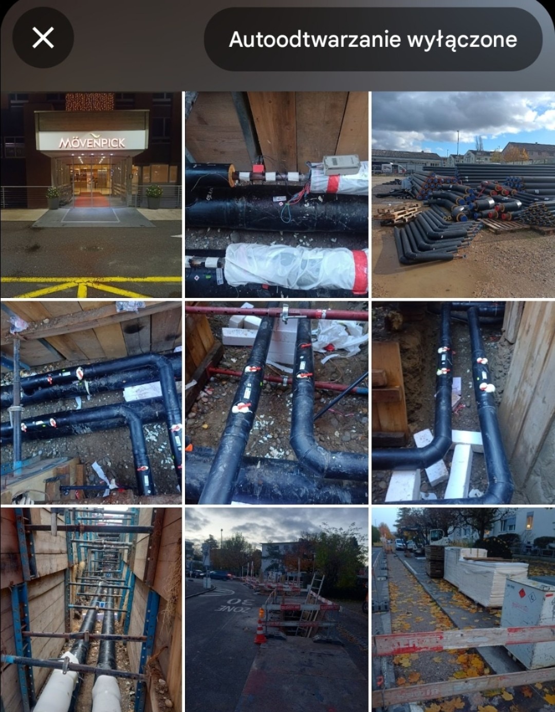 Kompilacja zdjęć przedstawiających instalację rur ciepłowniczych w wykopach, z widocznymi elementami izolacji, zabezpieczeń i rusztowań, oraz składowane rury na placu budowy.