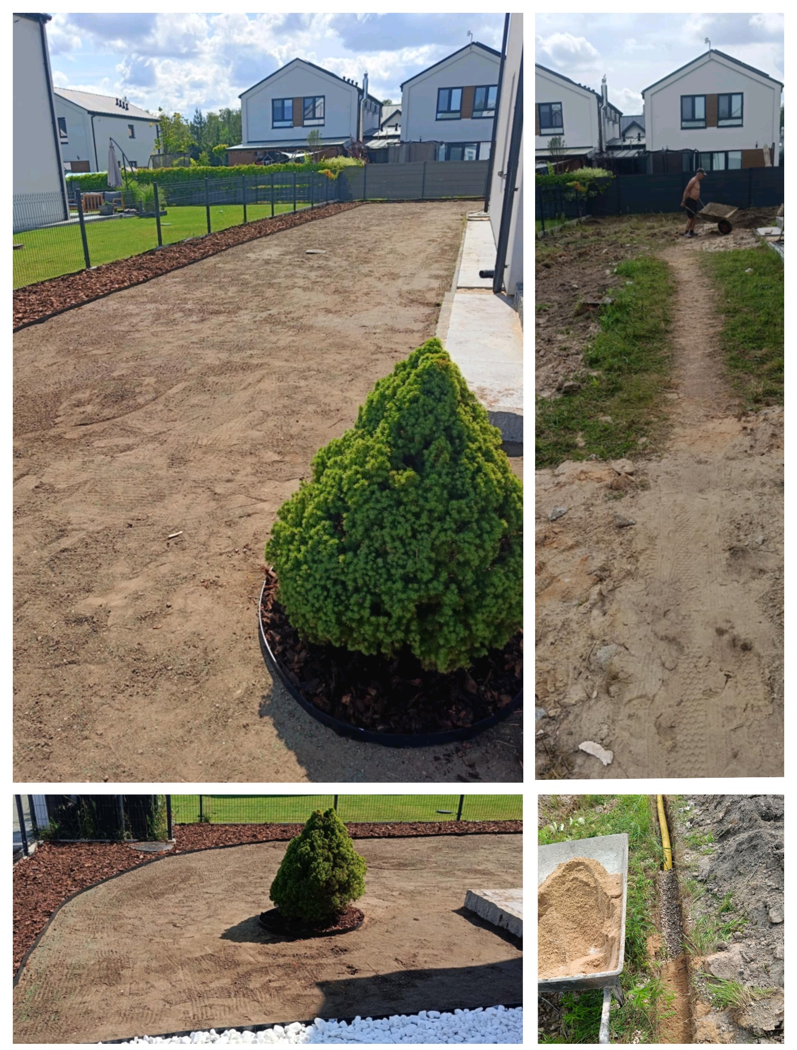 Przygotowanie terenu pod trawnik: wyrównana ziemia, obrzeża z kory, posadzona mała choinka, widoczny fragment ogrodzenia panelowego i praca ziemne w tle.